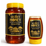 Secret Honey 100% raw Australian eucalyptus honey in 1kg jar and 500g squeeze bottle with black and gold labels