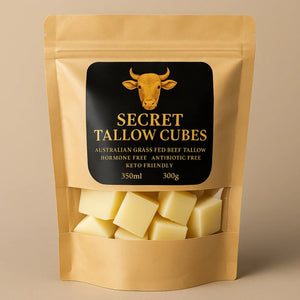 Secret Tallow Cubes: Australian grass-fed beef tallow, hormone & antibiotic free, keto-friendly cubes in eco pouch