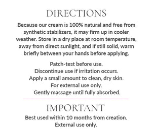 Natural cream usage directions: store dry, warm before use, patch-test, external use only