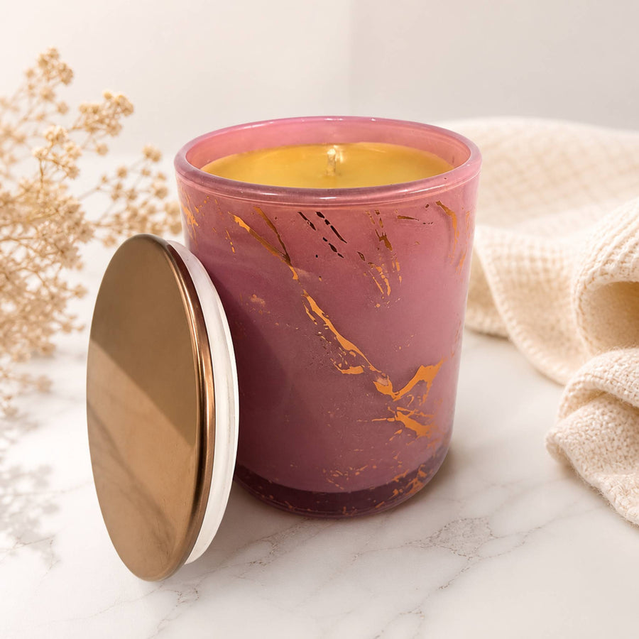 Pink marble glass beeswax candle with rose gold container