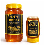 100% raw Australian eucalyptus honey in 1kg and 500g jars with golden labels and honeycomb design