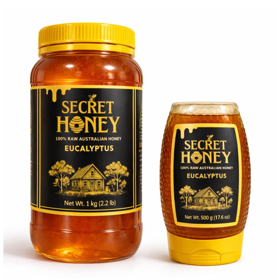 100% raw Australian eucalyptus honey in 1kg and 500g jars with golden labels and honeycomb design