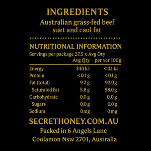 Nutritional info for Australian grass-fed beef suet and caul fat, high in fat, zero carbs, packed in Coolamon NSW