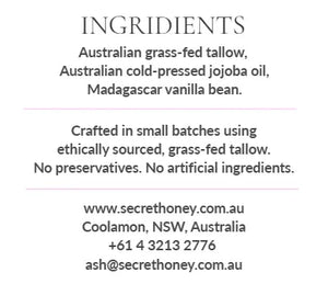 Ingredients label for Australian grass-fed tallow balm with jojoba oil and vanilla bean, ethically sourced, no preservatives